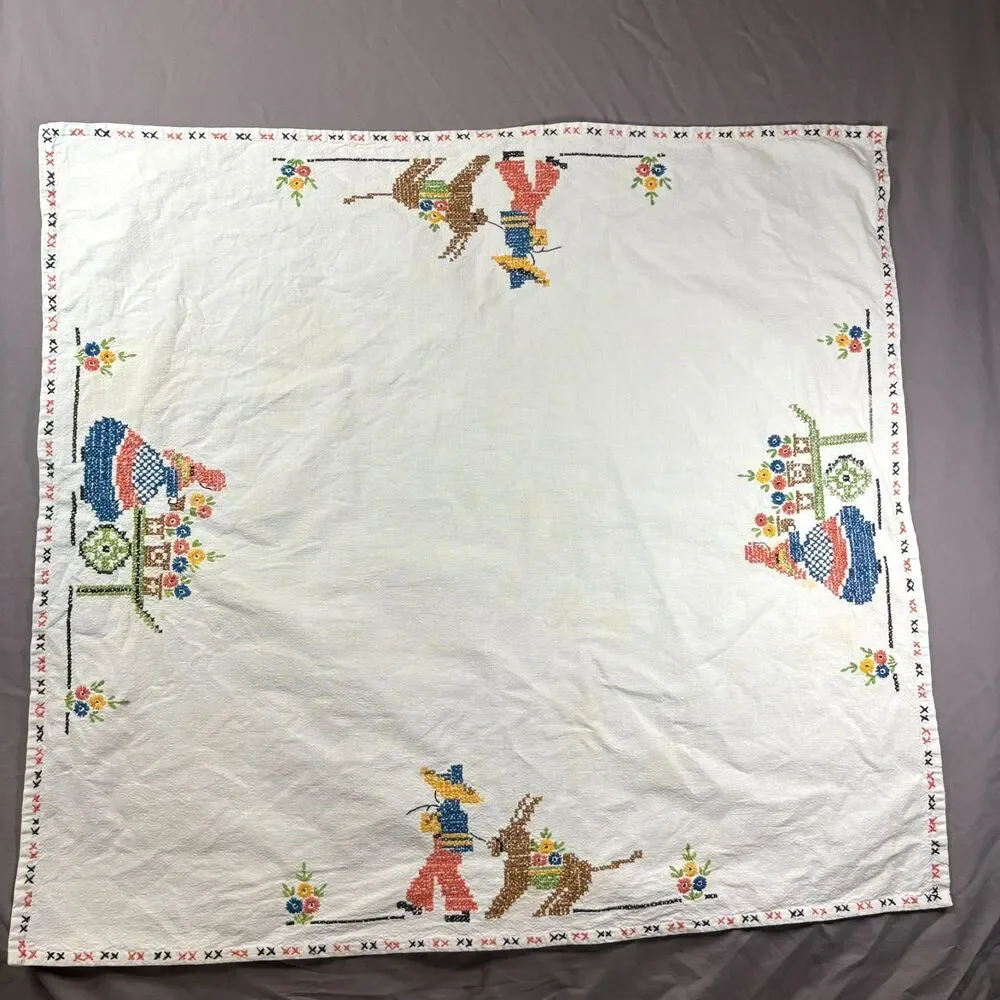 Vintage Hand-Embroidered Cross-Stitch Mexican Folk Art Tablecloth